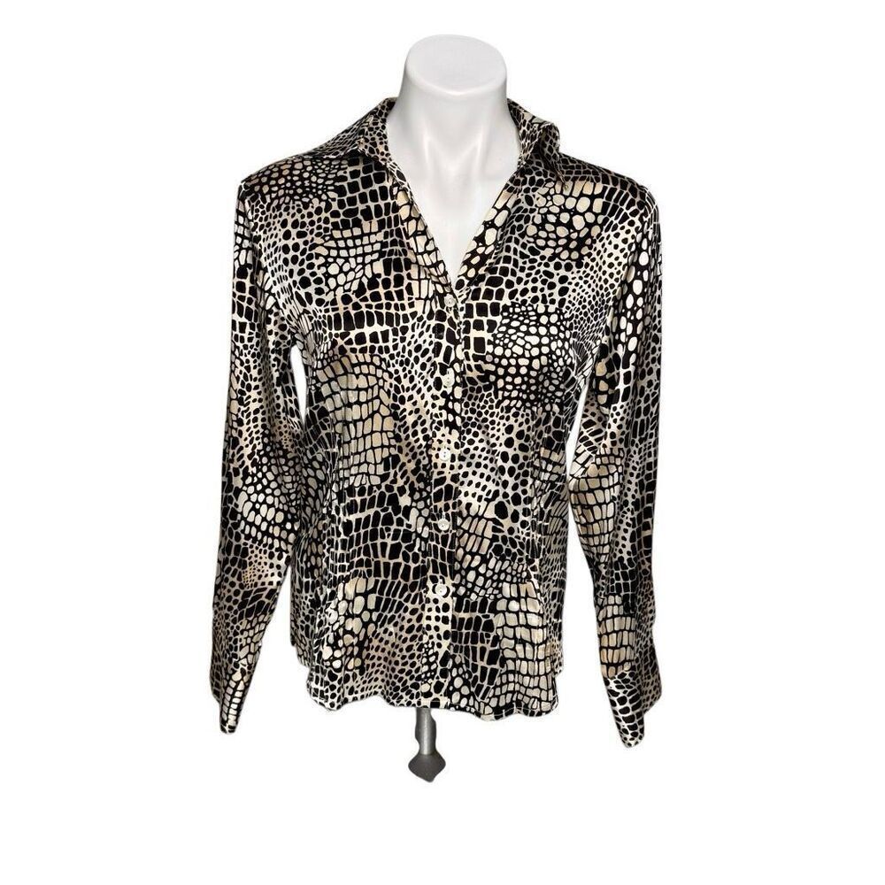 Talbots vintage silk animal print long sleeve button up blouse size 4